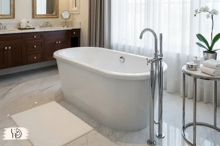 Luxury bathroom details showing freestanding acrylic bathtub with floor-mounted.