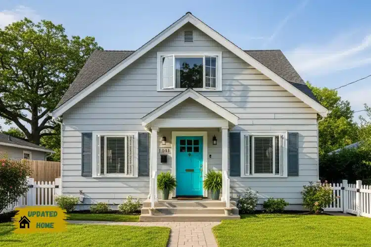 Front view of a charming suburban house with a freshly painted front door, trimmed bushes.