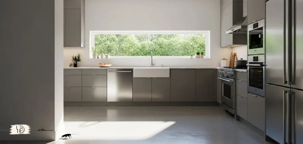 A clean modern kitchen with a subtle roach silhouette near a baseboard.