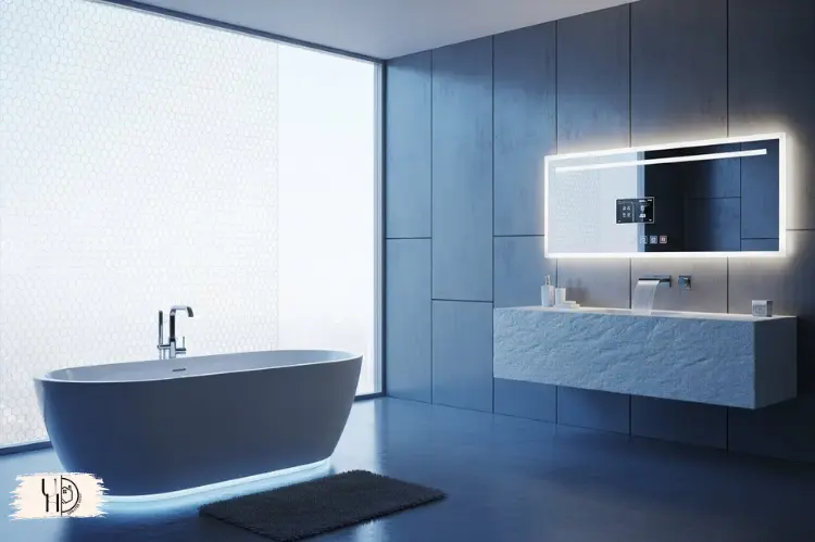 Futuristic bathroom interior with acrylic freestanding bathtub.