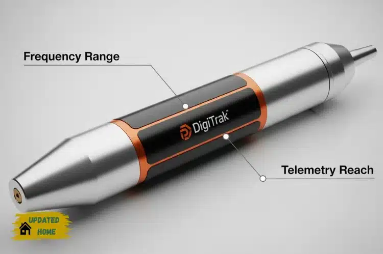 a DigiTrak F2 Sonde transmitter with labeled callouts: frequency range, telemetry reach.