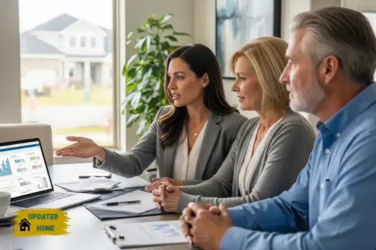 A real estate agent discussing home pricing strategy with homeowners around a table.