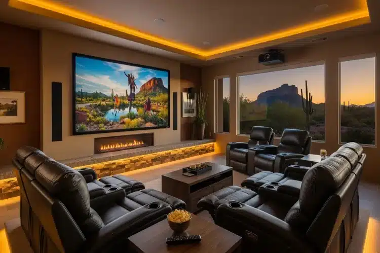 A luxurious Mesa, Arizona living room transformed into a home theater.