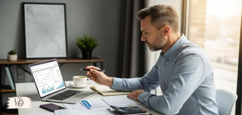 Realistic modern of a landlord organizing rental property finances.