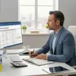 Realistic modern of a landlord organizing rental property finances.