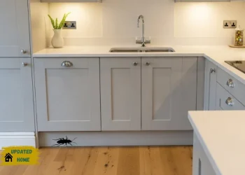 A clean modern kitchen with a subtle roach silhouette near a baseboard.