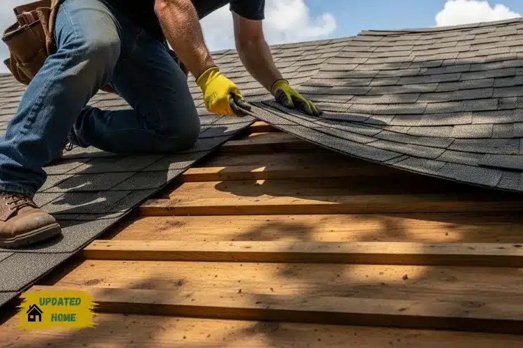 Roofer lifting shingles to reveal wooden decking underneath.