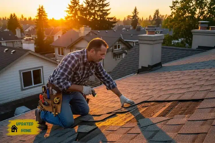 Roofer examining a small section of roof with a few missing shingles; rest of the roof intact.