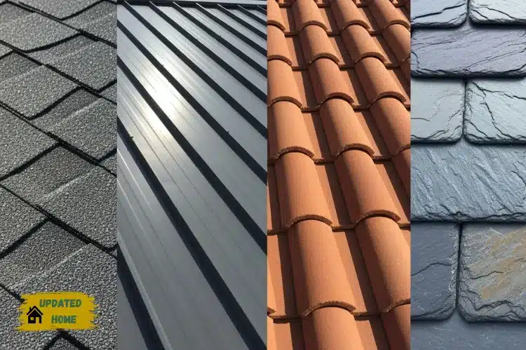 A modern suburban home with a roofer inspecting the roof under sunlight, clipboard in hand.
