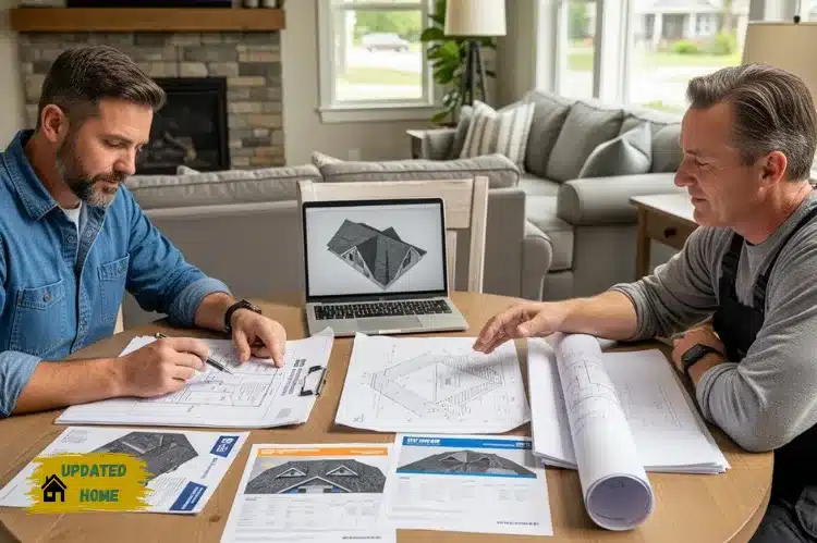 Homeowner man reviewing multiple roofing quotes and blueprints with a contractor at a table.