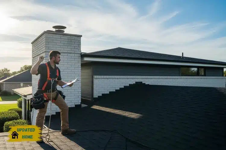 A modern suburban home with a roofer inspecting the roof under sunlight, clipboard in hand.