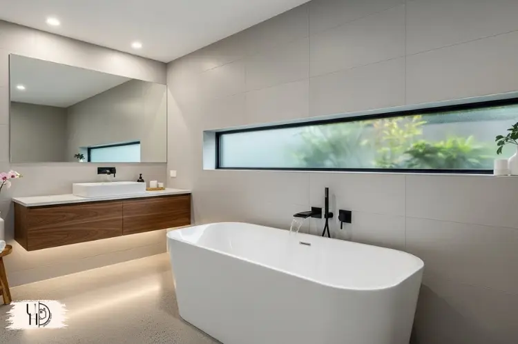 Stylish modern bathroom with acrylic freestanding bathtub.