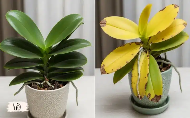 Comparison image of orchids with healthy green leaves versus yellowing leaves.