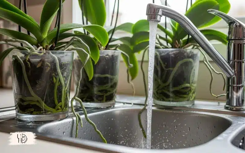 Kitchen sink scene with multiple orchids being watered under lukewarm running water.