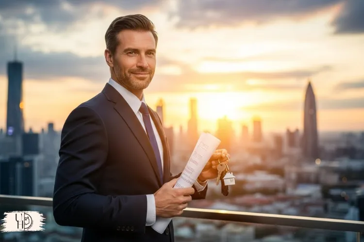 a confident real estate investor standing near a city skyline at sunset, holding property documents and keys.