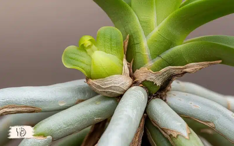 Macro close-up of an orchid base showing a new flower spike emerging.