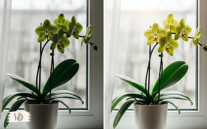 A side-by-side style visual showing orchids receiving bright indirect light near a window.