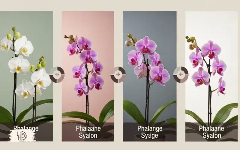 A timeline-style visual showing the same orchid at different stages: