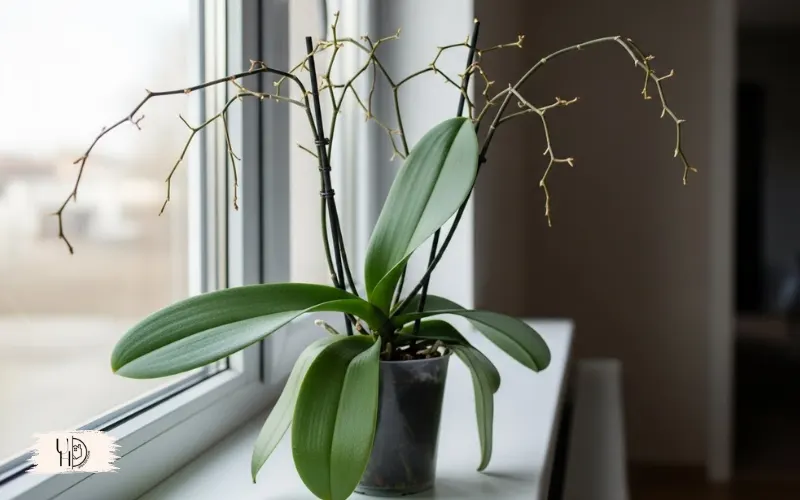 A Phalaenopsis orchid with all flowers fallen, leaving green leaves and bare flower spikes.