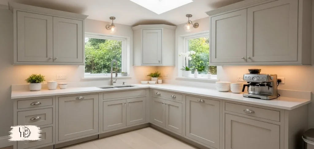 Modern kitchen transformation scene showing freshly painted kitchen cabinets in a clean white or soft greige finish.