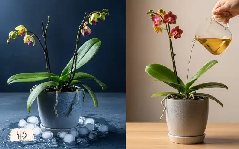 A contrasting visual showing ice cubes near an orchid pot on one side and lukewarm water being poured.