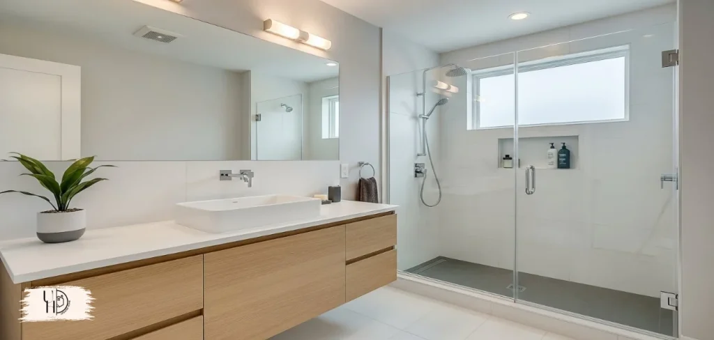 A bright, modern small master bathroom interior with a floating vanity, frameless glass walk-in shower, light neutral color palette.