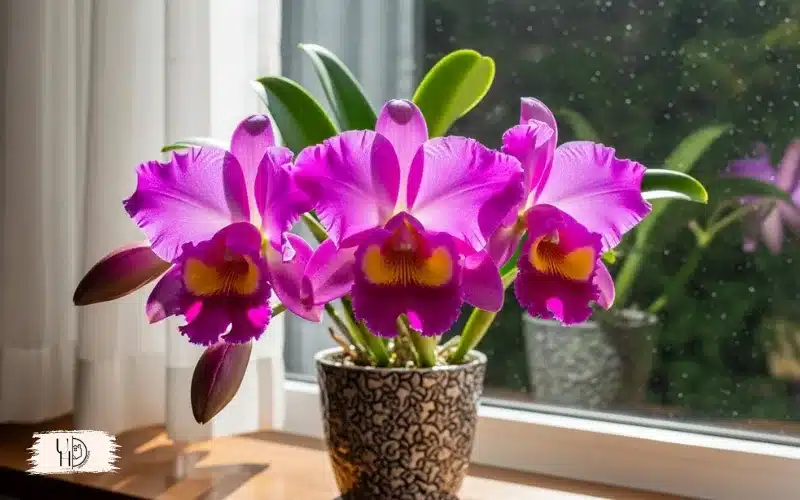 A vibrant Cattleya orchid in full bloom with large colorful flowers, positioned near a south-facing window.
