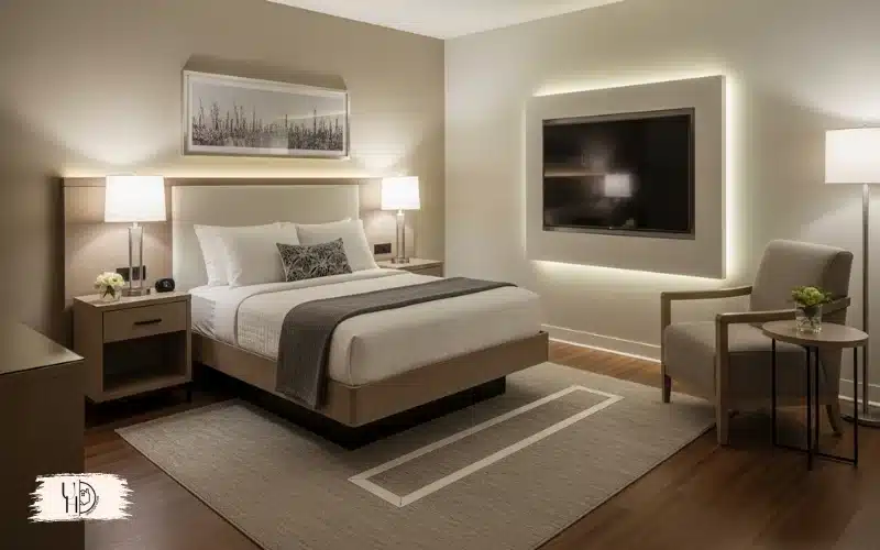 An accessible guest bedroom showing correct bed height, clear walkways, supportive furniture layout.