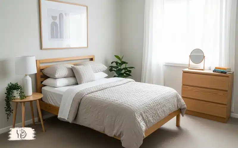 A budget-friendly guest bedroom with affordable decor, simple furniture, neutral color palette home interior, natural lighting.