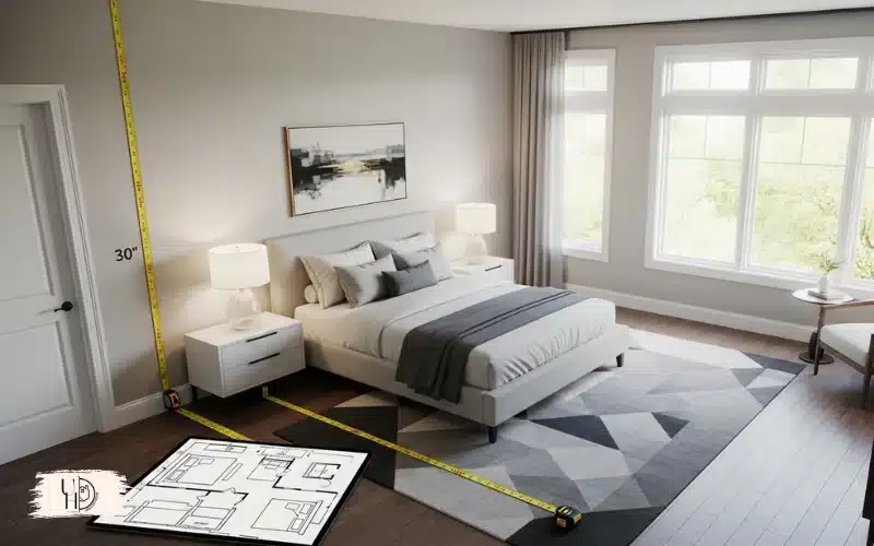 Guest bedroom layout planning scene, top-down room layout visualization, bed placement, walking clearance clean architectural style.