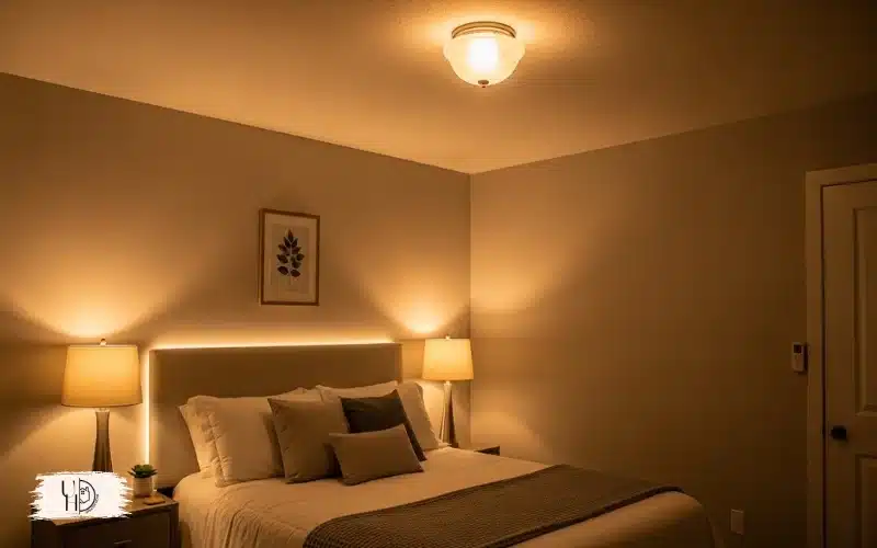 A guest bedroom with layered lighting, ceiling light, bedside lamps, soft warm glow, calm and relaxing nighttime mood.