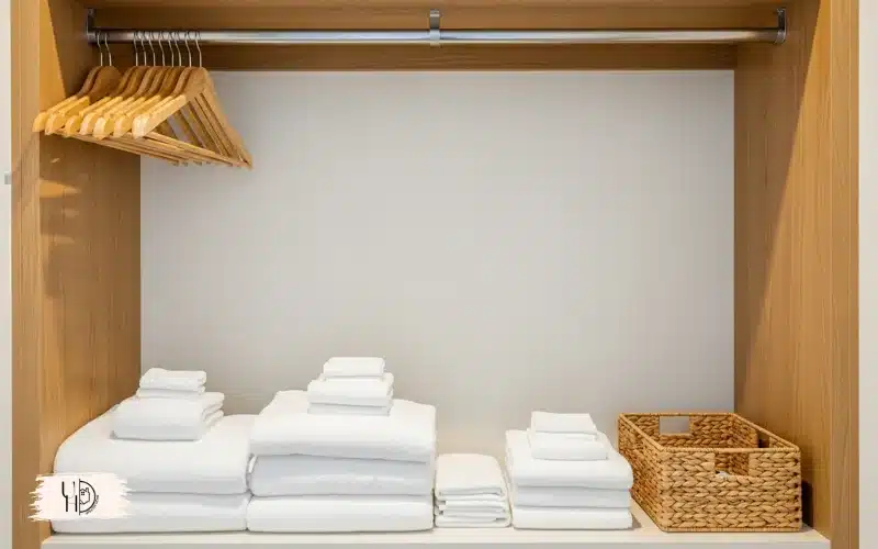 A clean and organized guest room closet, empty hangers, folded linens, minimal and welcoming storage setup.