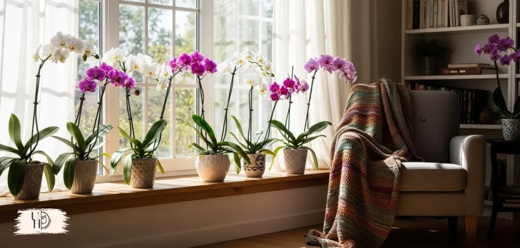 A cozy home interior with multiple blooming Phalaenopsis orchids on a bright windowsill.