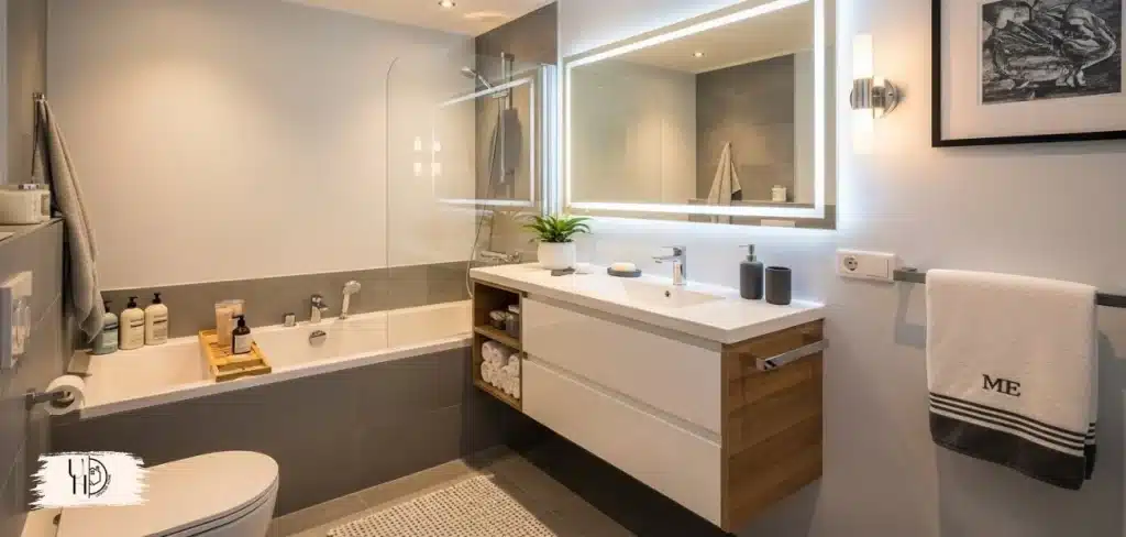 A beautifully designed small bathroom with a white freestanding bathtub, stylish tile flooring, neutral walls, soft natural light