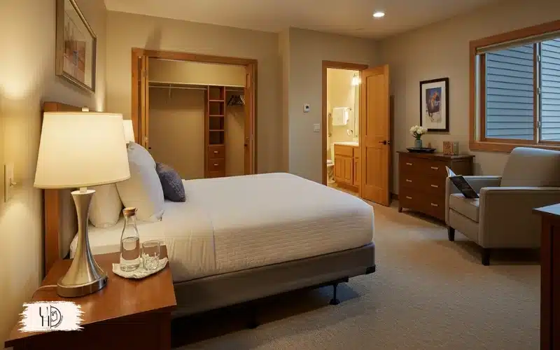 An accessible guest bedroom with safe furniture spacing, easy-to-reach nightstand, comfortable bed height, clear walkways.