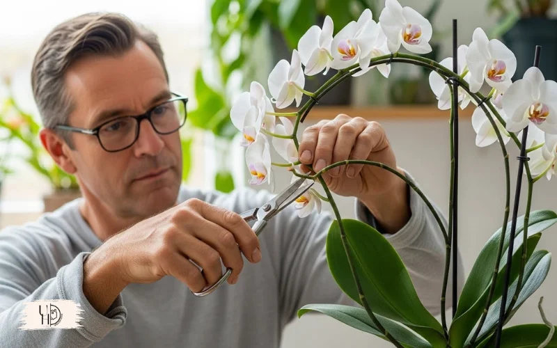 Close-up image of hands trimming orchid flower spikes with clean scissors.