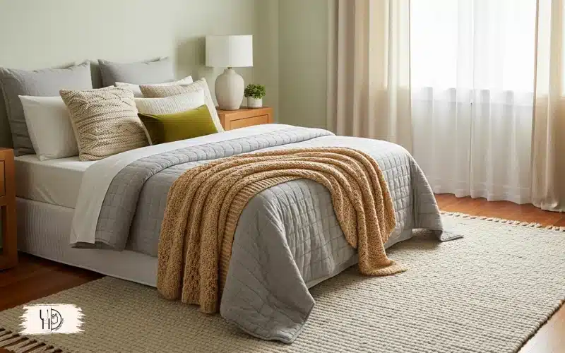 A cozy guest bedroom with layered textiles, soft rug, linen curtains, mixed fabric pillows, warm and inviting interior design.