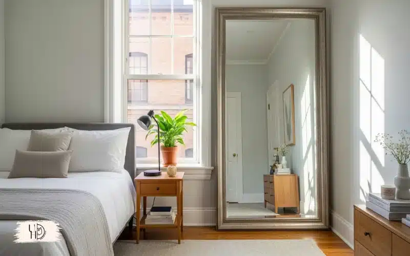 A small guest bedroom with a large mirror placed opposite a window, light reflection creating depth.