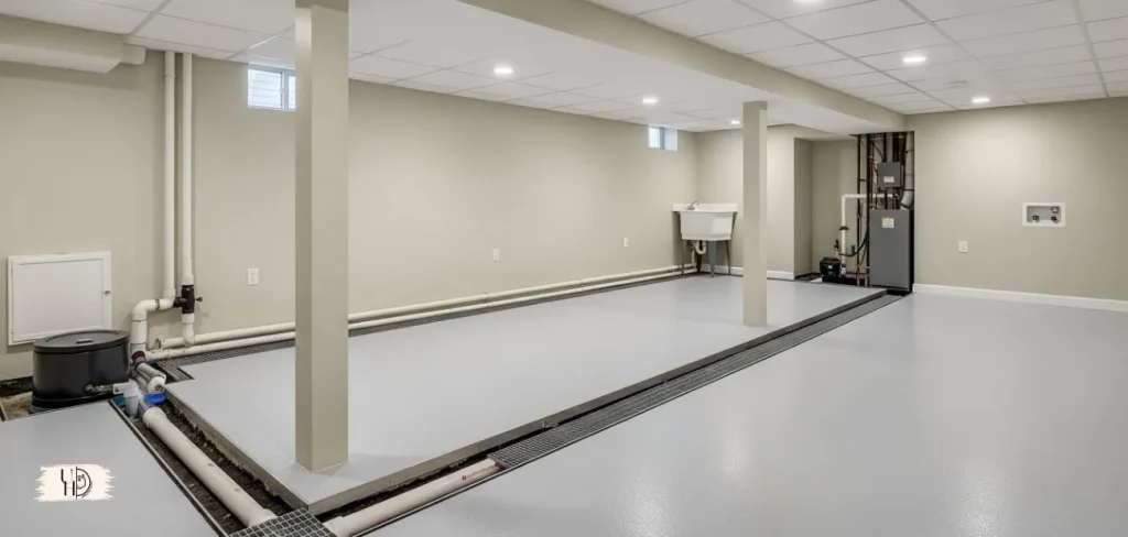 A clean, dry residential basement with a visible interior French drain system.