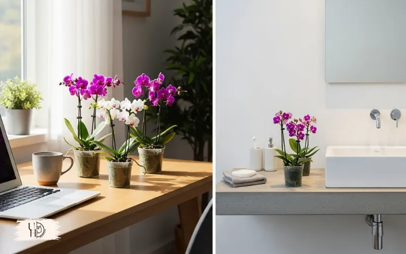Small mini orchids placed on a desk and bathroom counter, compact pots.