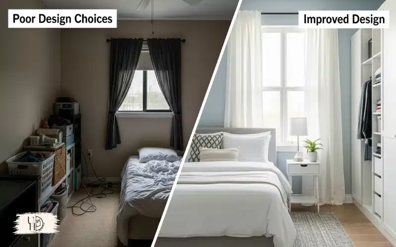 A comparison-style guest bedroom showing poor design choices versus improved design, dark cluttered room vs bright organized room.