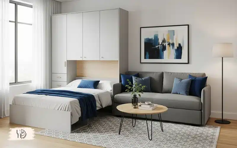 A functional guest room office combo with fold-out bed, desk setup, modern small space design.