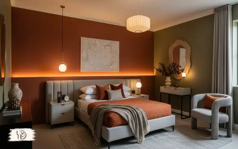 A modern guest bedroom designed for 2026 trends, cocoon-style bedroom, deep warm wall colors, contemporary furniture luxury modern.