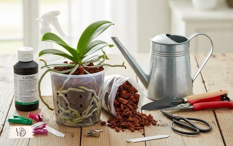 Flat-lay composition of orchid care tools on a table: clear orchid pot, bark mix, watering can.
