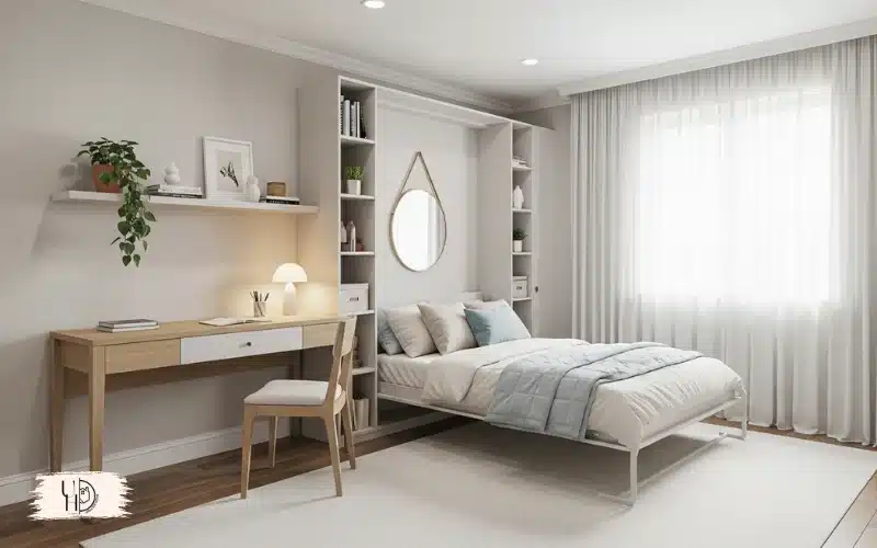 Small guest bedroom design, space-saving furniture, light colors, smart layout, cozy yet spacious feel, modern apartment interior.