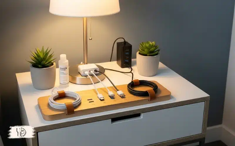 A bedside charging station with USB ports and phone cables, organized modern guest bedroom detail.