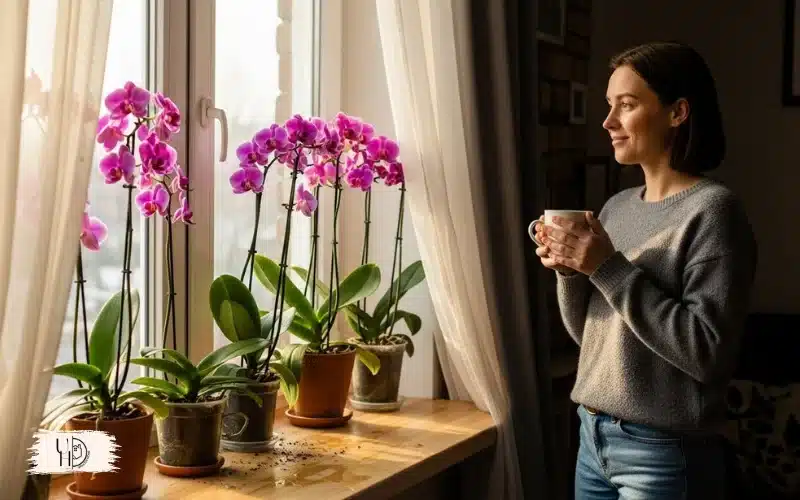 A bright morning kitchen or living room scene with orchids lined up near a window.