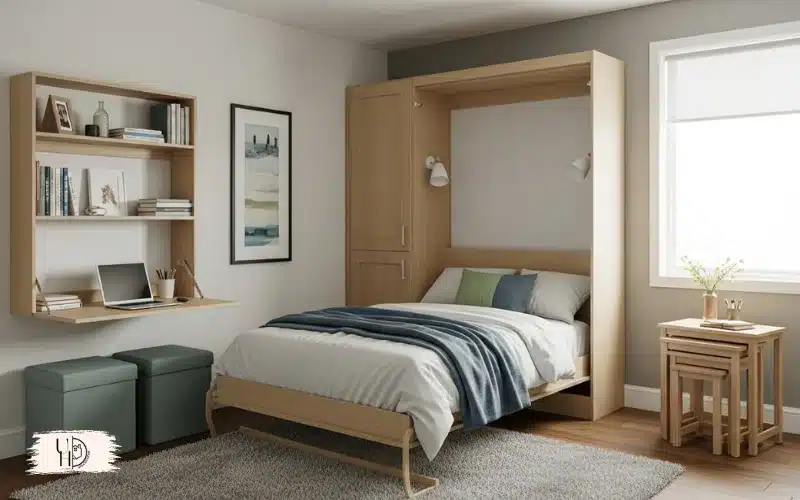 A compact guest bedroom featuring folding furniture, wall-mounted fold-down desk, nesting tables.