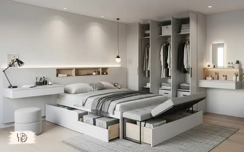 A guest bedroom with hidden storage solutions, under-bed storage boxes, minimal visible clutter, clean and organized room, smart storage furniture.