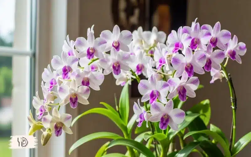 A healthy Dendrobium orchid in bloom with multiple flower spikes, placed in a bright indoor setting.